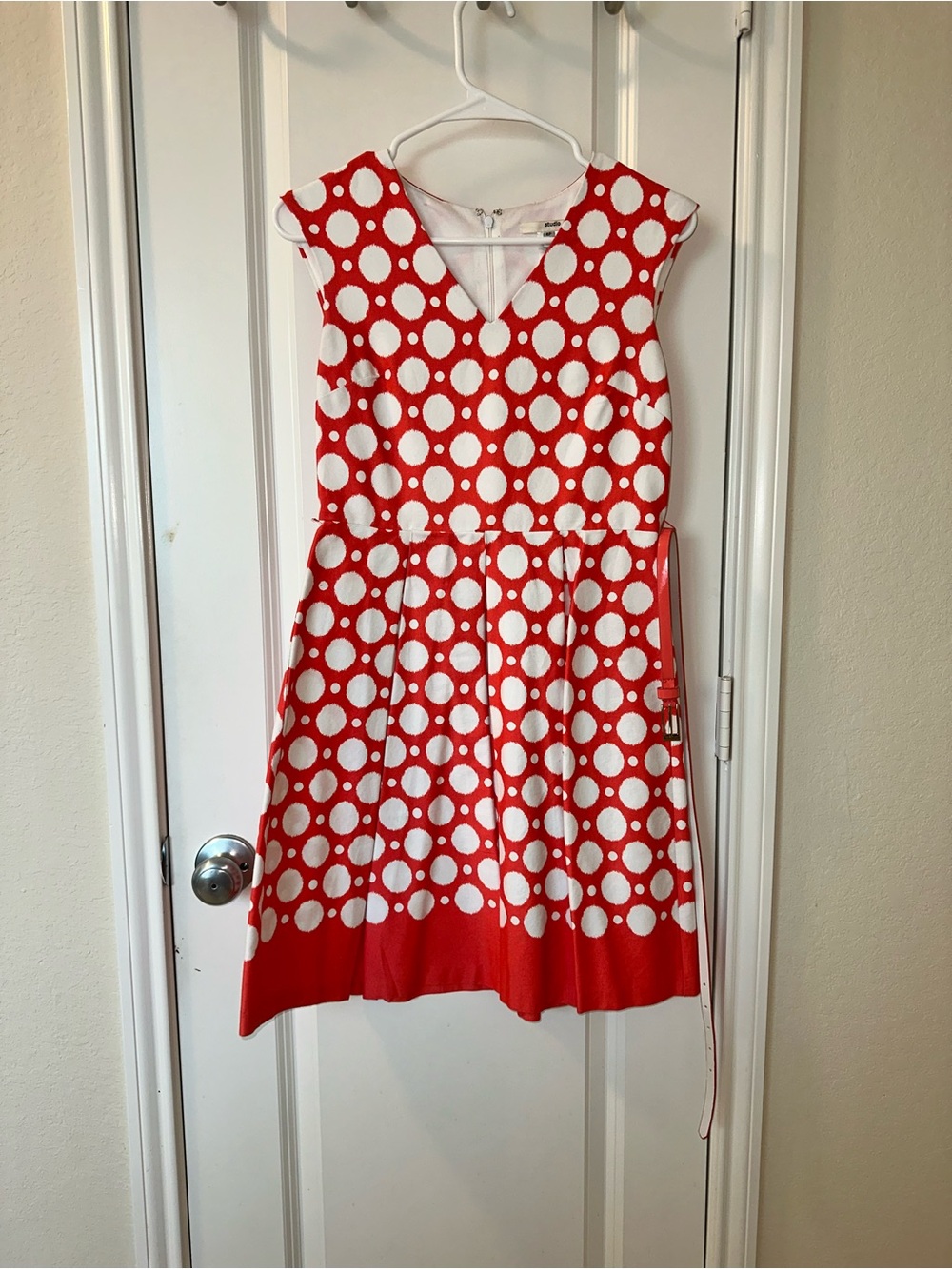 Studio One Red and White Polka Dot V-Neck Fit & Flare Midi Dress